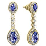 2.65 Carat (ctw) 14K Yellow Gold Pear & Oval Cut Tanzanite & Round Cut White Sapphire & White Diamond Ladies Halo Style Dangling Drop Earrings