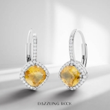 2.20 Carat (ctw) 10K White Gold Cushion Cut Citrine & Round Cut White Diamond Ladies Halo Style Dangling Drop Earrings