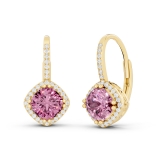 2.20 Carat (ctw) 14K Yellow Gold Cushion Cut Pink Sapphire & Round Cut White Diamond Ladies Halo Style Dangling Drop Earrings