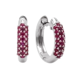 0.30 Carat (ctw) 18K White Gold Round Ruby Ladies Pave Set Huggies Hoop Earrings 1/3 CT