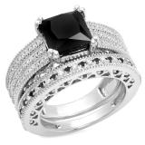 5.50 Carat (ctw) Sterling Silver Princess & Round Cut Black & White Diamond Ladies Bridal Vintage Style Engagement Ring With Matching Band Set