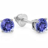 1.50 Carat (ctw) 14K White Gold Round Cut Tanzanite Ladies Solitaire Stud Earrings 1 1/2 CT