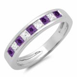 Alternate Princess Amethyst & White Diamond Channel Set Wedding Band for Women in 14K White Gold