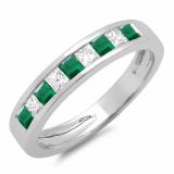 0.65 Carat (ctw) 14K White Gold Princess Cut Emerald & White Diamond Ladies Anniversary Wedding Band Stackable Ring