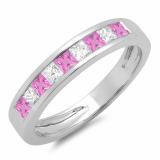 Alternate Princess Pink Sapphire & White Diamond Channel Set Wedding Band for Women in 10K White Gold