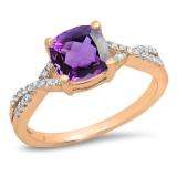 1.45 Carat (ctw) 10K Rose Gold Cushion Cut Amethyst & Round White Diamond Ladies Swirl Split Shank Bridal Engagement Ring 1 1/2 CT