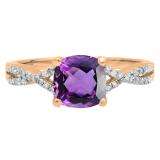1.45 Carat (ctw) 10K Rose Gold Cushion Cut Amethyst & Round White Diamond Ladies Swirl Split Shank Bridal Engagement Ring 1 1/2 CT