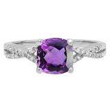 1.45 Carat (ctw) 10K White Gold Cushion Cut Amethyst & Round White Diamond Ladies Swirl Split Shank Bridal Engagement Ring 1 1/2 CT