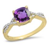 1.45 Carat (ctw) 10K Yellow Gold Cushion Cut Amethyst & Round White Diamond Ladies Swirl Split Shank Bridal Engagement Ring 1 1/2 CT