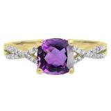 1.45 Carat (ctw) 10K Yellow Gold Cushion Cut Amethyst & Round White Diamond Ladies Swirl Split Shank Bridal Engagement Ring 1 1/2 CT