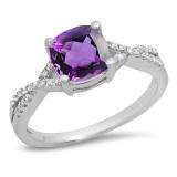 1.45 Carat (ctw) 18K White Gold Cushion Cut Amethyst & Round White Diamond Ladies Swirl Split Shank Bridal Engagement Ring 1 1/2 CT