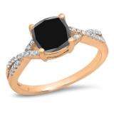 1.45 Carat (ctw) 14K Rose Gold Cushion Cut Black Sapphire & Round White Diamond Ladies Swirl Split Shank Bridal Engagement Ring 1 1/2 CT