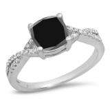 1.45 Carat (ctw) 10K White Gold Cushion Cut Black Sapphire & Round White Diamond Ladies Swirl Split Shank Bridal Engagement Ring 1 1/2 CT