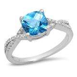 1.45 Carat (ctw) 10K White Gold Cushion Cut Blue Topaz & Round White Diamond Ladies Swirl Split Shank Bridal Engagement Ring 1 1/2 CT