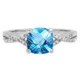 1.45 Carat (ctw) 10K White Gold Cushion Cut Blue Topaz & Round White Diamond Ladies Swirl Split Shank Bridal Engagement Ring 1 1/2 CT