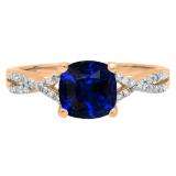 1.45 Carat (ctw) 10K Rose Gold Cushion Cut Blue Sapphire & Round White Diamond Ladies Swirl Split Shank Bridal Engagement Ring 1 1/2 CT