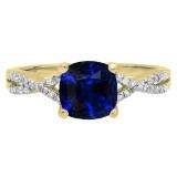 1.45 Carat (ctw) 10K Yellow Gold Cushion Cut Blue Sapphire & Round White Diamond Ladies Swirl Split Shank Bridal Engagement Ring 1 1/2 CT