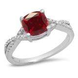1.45 Carat (ctw) 10K White Gold Cushion Cut Ruby & Round White Diamond Ladies Swirl Split Shank Bridal Engagement Ring 1 1/2 CT