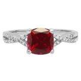 1.45 Carat (ctw) 10K White Gold Cushion Cut Ruby & Round White Diamond Ladies Swirl Split Shank Bridal Engagement Ring 1 1/2 CT