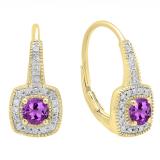 0.65 Carat (ctw) 18K Yellow Gold Round Cut Amethyst & White Diamond Ladies Halo Style Dangling Earrings