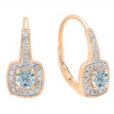 0.65 Carat (ctw) 10K Rose Gold Round Cut Aquamarine & White Diamond Ladies Halo Style Dangling Earrings