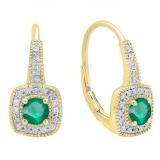 0.65 Carat (ctw) 18K Yellow Gold Round Cut Emerald & White Diamond Ladies Halo Style Dangling Earrings