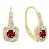 0.65 Carat (ctw) 10K Yellow Gold Round Cut Garnet & White Diamond Ladies Halo Style Dangling Earrings