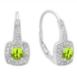0.65 Carat (ctw) 18K White Gold Round Cut Peridot & White Diamond Ladies Halo Style Dangling Earrings