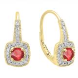 0.65 Carat (ctw) 18K Yellow Gold Round Cut Ruby & White Diamond Ladies Halo Style Dangling Earrings