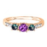 Round Amethyst Alexandrite & White Diamond Ladies Three Stone Engagement Bridal Ring | 10K Rose Gold
