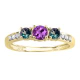 Round Amethyst Alexandrite & White Diamond Ladies Three Stone Engagement Bridal Ring | 10K Yellow Gold