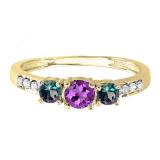 Round Amethyst Alexandrite & White Diamond Ladies Three Stone Engagement Bridal Ring | 10K Yellow Gold
