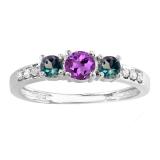 Round Amethyst Alexandrite & White Diamond Ladies Three Stone Engagement Bridal Ring | 18K White Gold