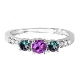 Round Amethyst Alexandrite & White Diamond Ladies Three Stone Engagement Bridal Ring | 18K White Gold