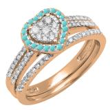 0.50 Carat (ctw) 10K Rose Gold Round Cut Turquoise & White Diamond Ladies Split Shank Heart Shaped Bridal Engagement Ring With Matching Band Set 1/2 CT