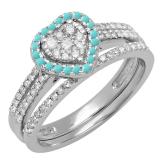 0.50 Carat (ctw) 10K White Gold Round Cut Turquoise & White Diamond Ladies Split Shank Heart Shaped Bridal Engagement Ring With Matching Band Set 1/2 CT