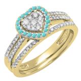 0.50 Carat (ctw) 10K Yellow Gold Round Cut Turquoise & White Diamond Ladies Split Shank Heart Shaped Bridal Engagement Ring With Matching Band Set 1/2 CT