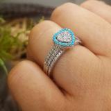 0.50 Carat (ctw) 14K White Gold Round Cut Turquoise & White Diamond Ladies Split Shank Heart Shaped Bridal Engagement Ring With Matching Band Set 1/2 CT