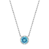 6mm Round Blue Topaz and White Diamond Halo Pendant Necklace for Women with 18 inch Silver Chain in 14K White Gold