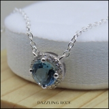 6mm Round Blue Topaz and White Diamond Halo Pendant Necklace for Women with 18 inch Silver Chain in 14K White Gold