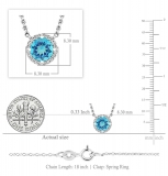 6mm Round Blue Topaz and White Diamond Halo Pendant Necklace for Women with 18 inch Silver Chain in 14K White Gold