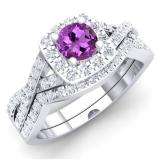 1.55 Carat (ctw) 10K White Gold Round Cut Amethyst & White Cubic Zirconia CZ Ladies Swirl Split Shank Bridal Halo Engagement Ring With Matching Band Set 1 1/2 CT