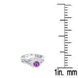 1.55 Carat (ctw) 10K White Gold Round Cut Amethyst & White Cubic Zirconia CZ Ladies Swirl Split Shank Bridal Halo Engagement Ring With Matching Band Set 1 1/2 CT