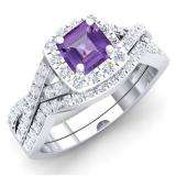 1.55 Carat (ctw) 10K White Gold Princess Cut Amethyst & Round White Cubic Zirconia CZ Ladies Swirl Split Shank Bridal Halo Engagement Ring With Matching Band Set 1 1/2 CT