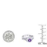 1.55 Carat (ctw) 10K White Gold Princess Cut Amethyst & Round White Cubic Zirconia CZ Ladies Swirl Split Shank Bridal Halo Engagement Ring With Matching Band Set 1 1/2 CT