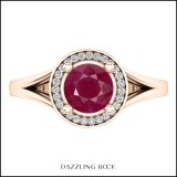 14K Rose Gold 7 MM Round Cut Ruby & White Diamond Halo Style Bridal Engagement Ring