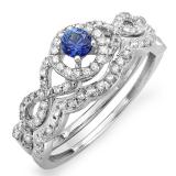 0.60 Carat (ctw) 10K White Gold Round Blue Sapphire & White Diamond Ladies Halo Style Bridal Engagement Ring Matching Band Set