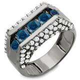 3.60 Carat (ctw) 18K Gold Round Black Rhodium Plated 5 Stone Blue & White Diamond Mens Hip Hop Ring
