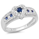 0.55 Carat (ctw) 14K White Gold Round Cut Blue Sapphire & White Diamond Ladies Bridal Heart Shaped Promise Engagement Ring 1/2 CT