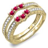 0.60 Carat (ctw) 10K Yellow Gold Round Ruby And White Diamond Ladies Anniversary Wedding Band Enhancer Guard